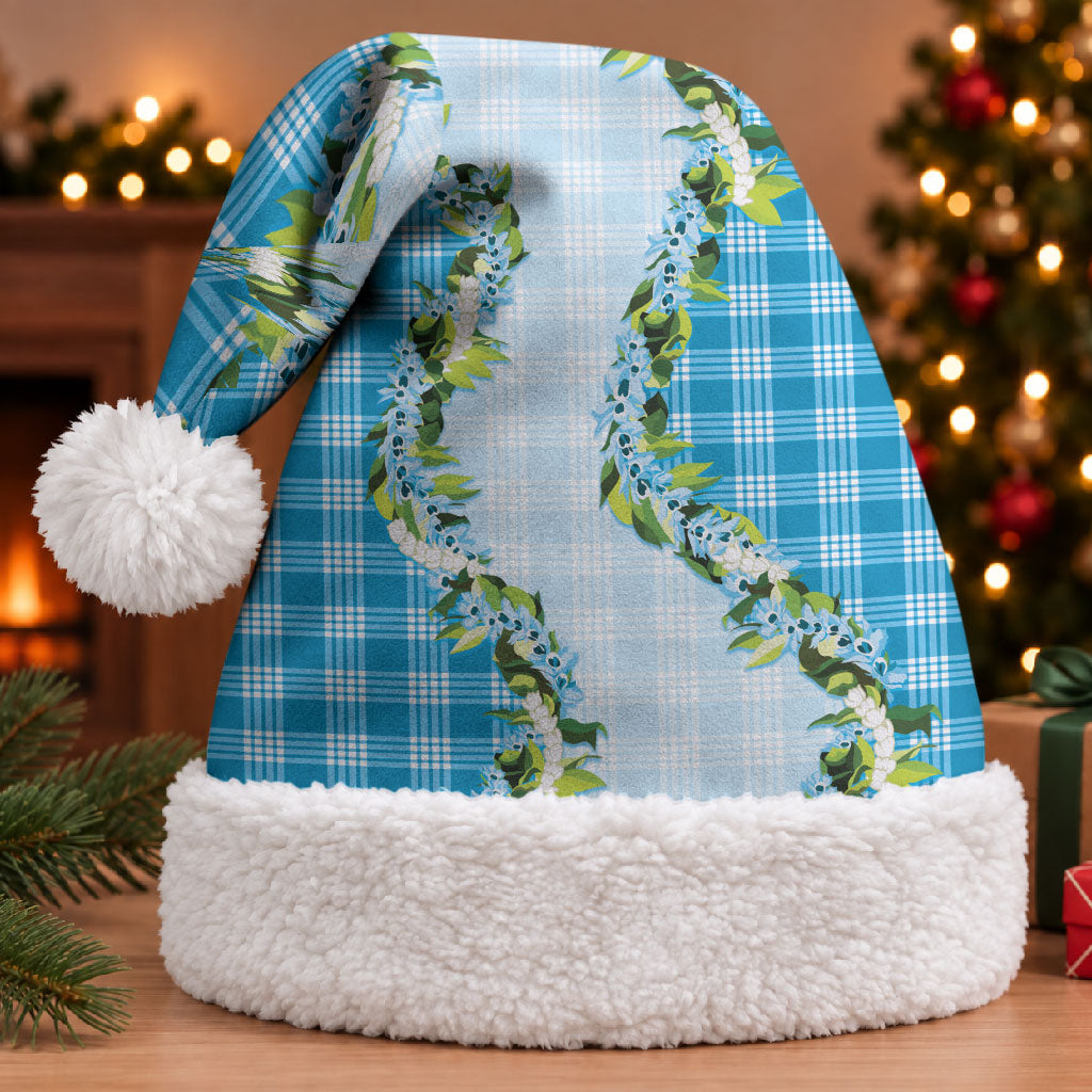 Blue Hawaii Palaka Christmas Santa Hat Maile Pikake Honohono Orchid Lei