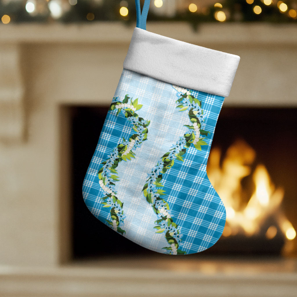 Blue Hawaii Palaka Christmas Stocking Maile Pikake Honohono Orchid Lei