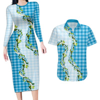 Blue Hawaii Palaka Couples Matching Long Sleeve Bodycon Dress and Hawaiian Shirt Maile Pikake Honohono Orchid Lei LT05 Blue - Polynesian Pride