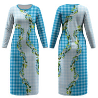 Blue Hawaii Palaka Couples Matching Long Sleeve Bodycon Dress and Long Sleeve Button Shirt Maile Pikake Honohono Orchid Lei LT05 - Polynesian Pride