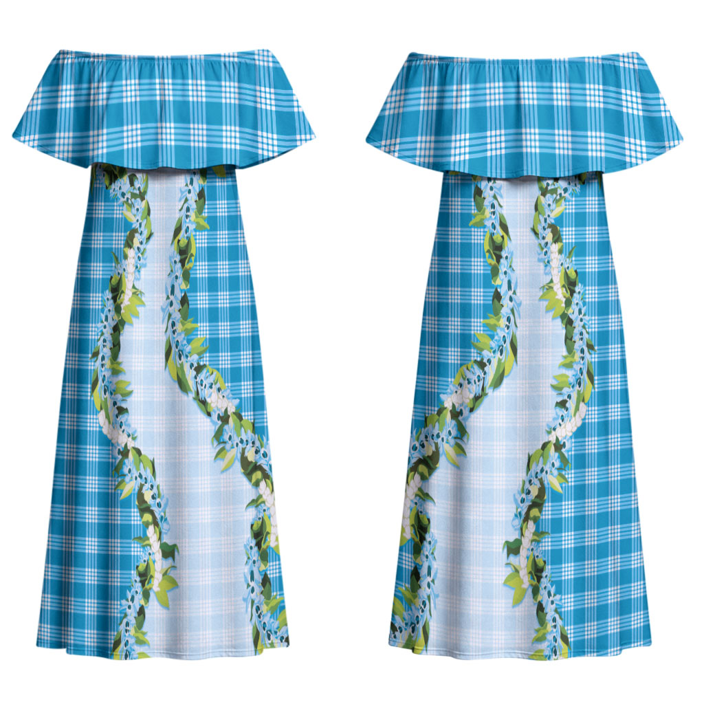 Blue Hawaii Palaka Couples Matching Off Shoulder Maxi Dress and Long Sleeve Button Shirt Maile Pikake Honohono Orchid Lei LT05 - Polynesian Pride