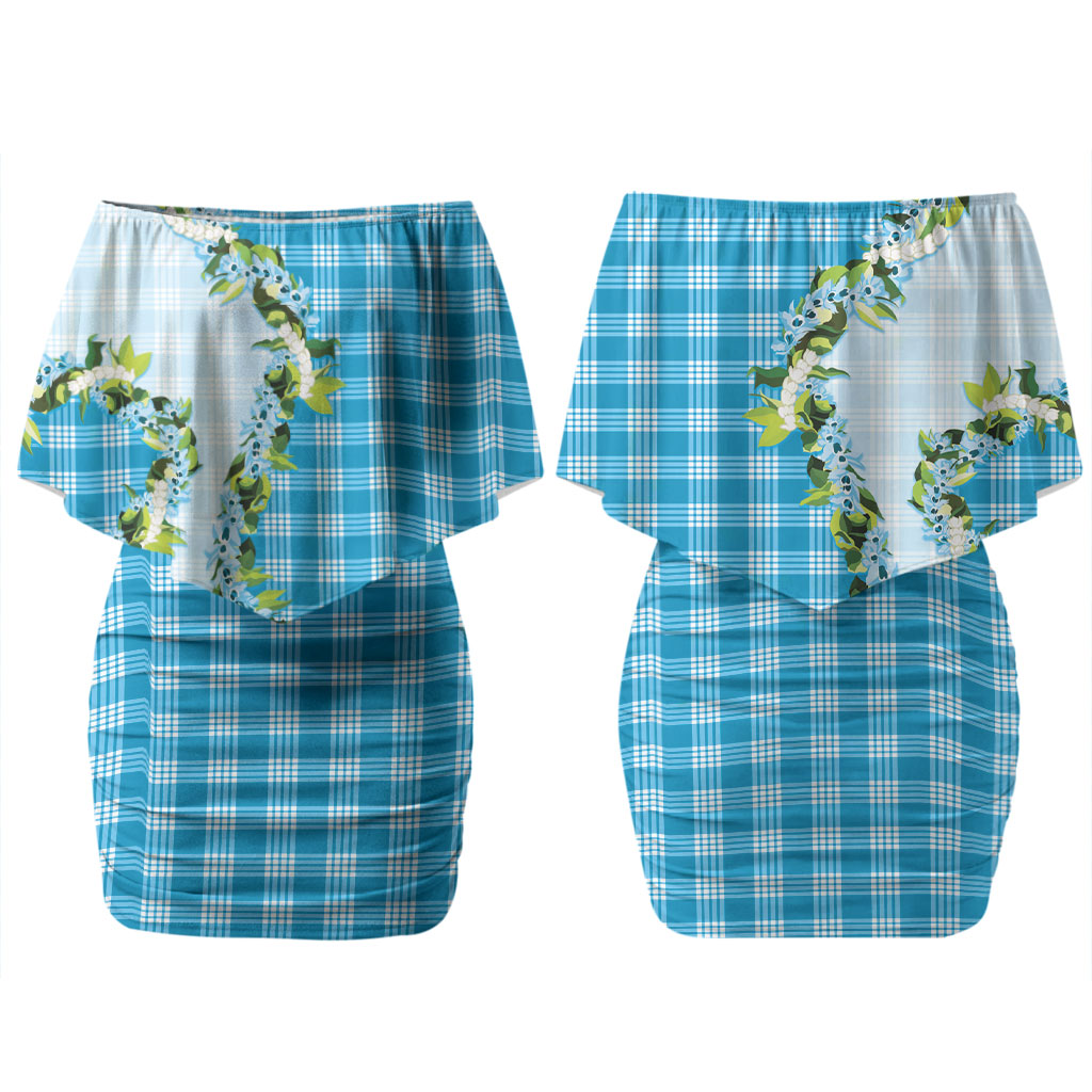 Blue Hawaii Palaka Couples Matching Off Shoulder Short Dress and Long Sleeve Button Shirt Maile Pikake Honohono Orchid Lei LT05 - Polynesian Pride