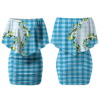 Blue Hawaii Palaka Couples Matching Off Shoulder Short Dress and Long Sleeve Button Shirt Maile Pikake Honohono Orchid Lei LT05 - Polynesian Pride