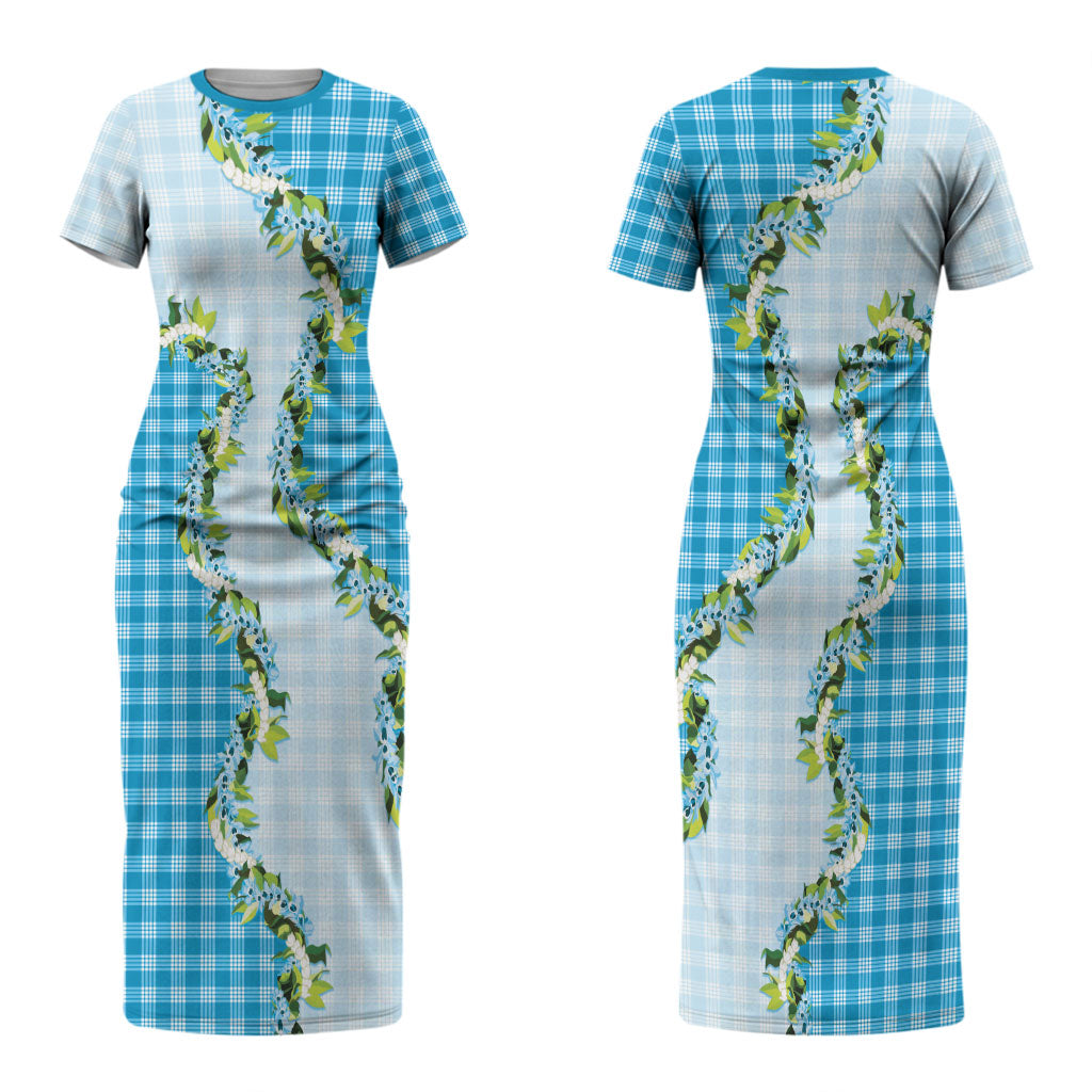 Blue Hawaii Palaka Couples Matching Short Sleeve Bodycon Dress and Long Sleeve Button Shirt Maile Pikake Honohono Orchid Lei LT05 - Polynesian Pride