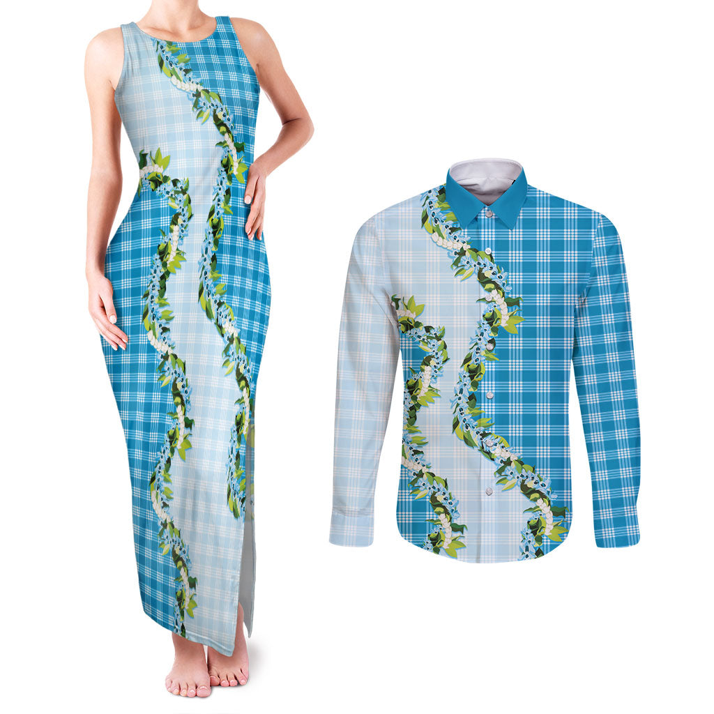 Blue Hawaii Palaka Couples Matching Tank Maxi Dress and Long Sleeve Button Shirt Maile Pikake Honohono Orchid Lei