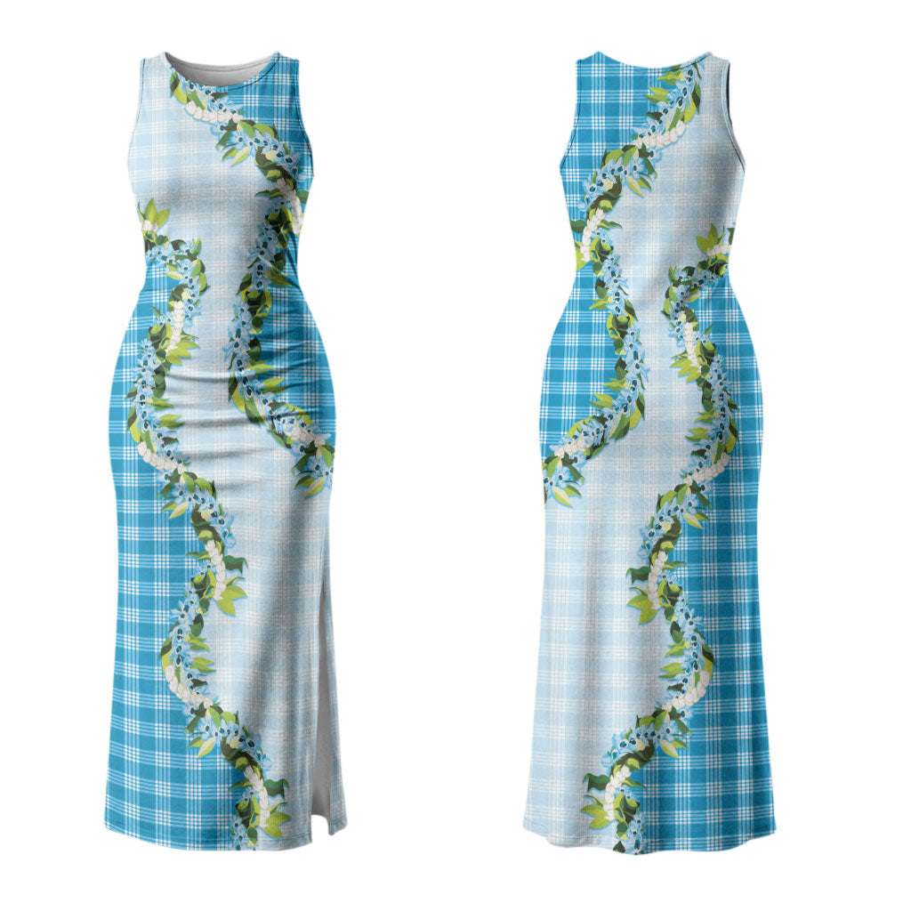 Blue Hawaii Palaka Couples Matching Tank Maxi Dress and Long Sleeve Button Shirt Maile Pikake Honohono Orchid Lei LT05 - Polynesian Pride