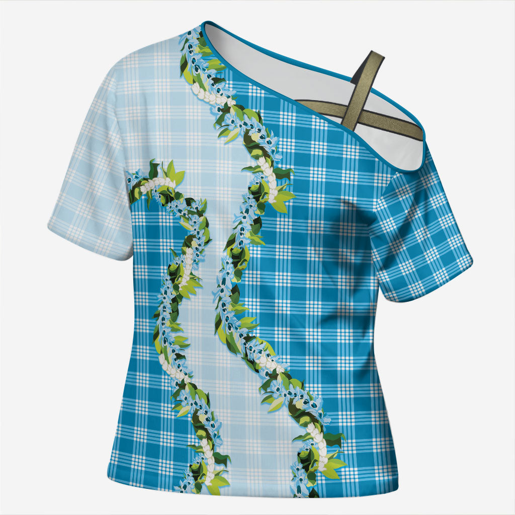 Blue Hawaii Palaka Cross Shoulder Shirt Maile Pikake Honohono Orchid Lei