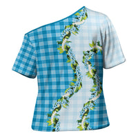 Blue Hawaii Palaka Cross Shoulder Shirt Maile Pikake Honohono Orchid Lei