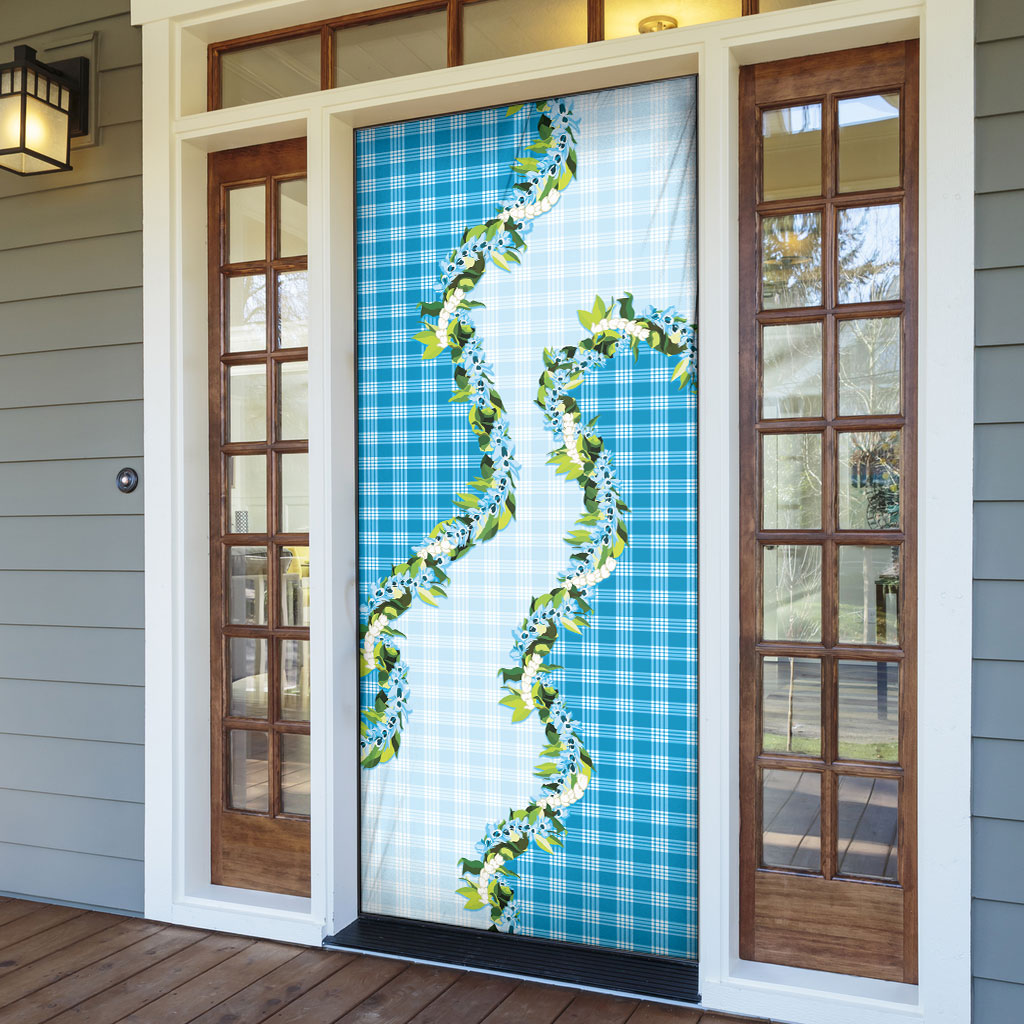 Blue Hawaii Palaka Door Cover Maile Pikake Honohono Orchid Lei