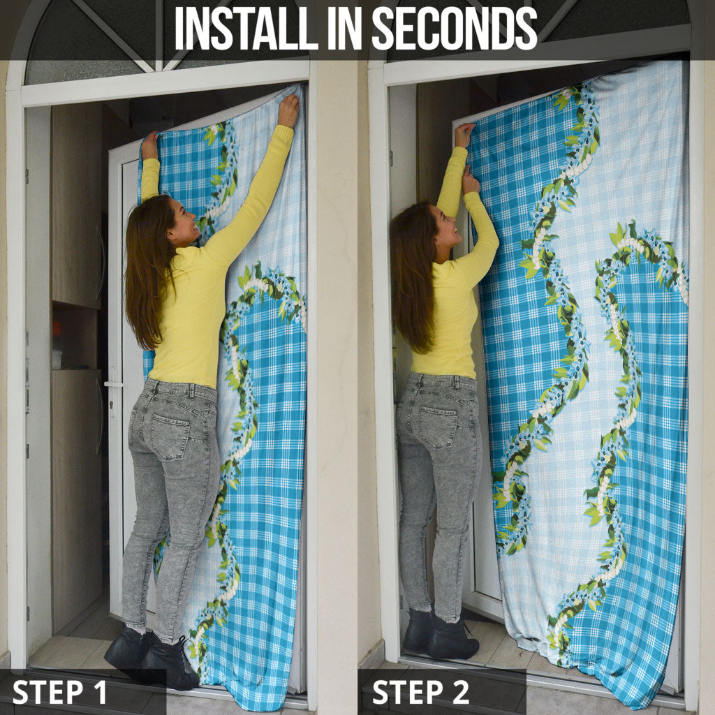 Blue Hawaii Palaka Door Cover Maile Pikake Honohono Orchid Lei