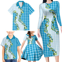 Blue Hawaii Palaka Family Matching Long Sleeve Bodycon Dress and Hawaiian Shirt Maile Pikake Honohono Orchid Lei LT05 - Polynesian Pride