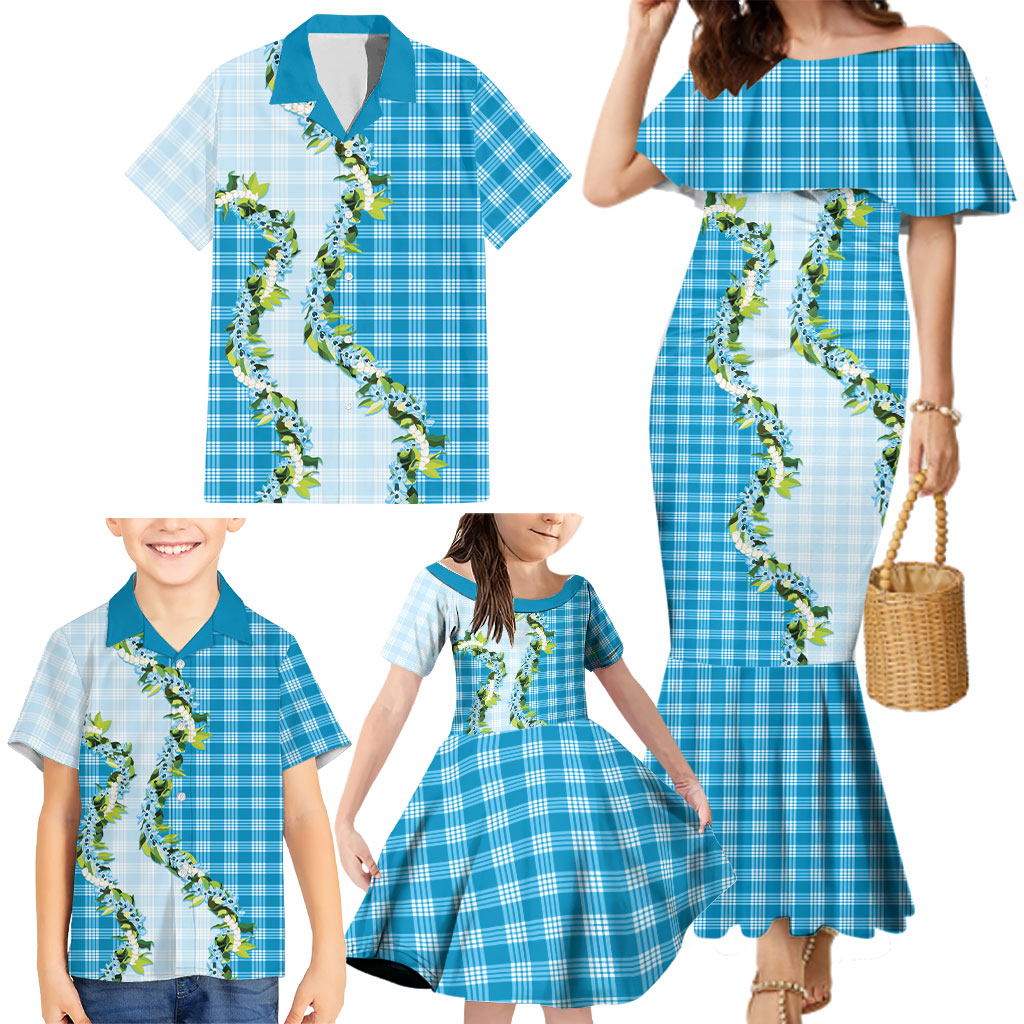 Blue Hawaii Palaka Family Matching Mermaid Dress and Hawaiian Shirt Maile Pikake Honohono Orchid Lei LT05 - Polynesian Pride