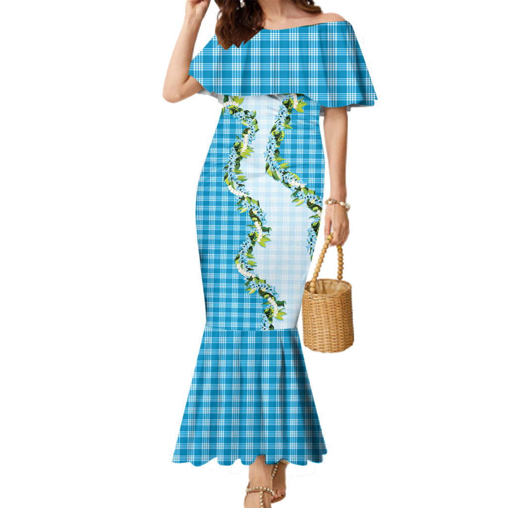 Blue Hawaii Palaka Family Matching Mermaid Dress and Hawaiian Shirt Maile Pikake Honohono Orchid Lei LT05 Mom's Dress Blue - Polynesian Pride
