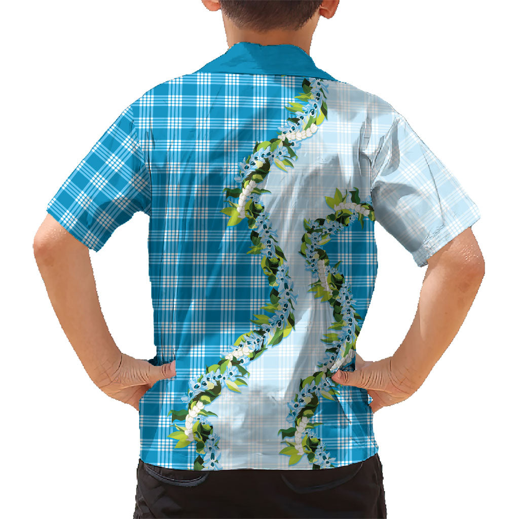 Blue Hawaii Palaka Family Matching Off The Shoulder Long Sleeve Dress and Hawaiian Shirt Maile Pikake Honohono Orchid Lei LT05 - Polynesian Pride