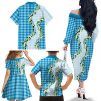 Blue Hawaii Palaka Family Matching Off The Shoulder Long Sleeve Dress and Hawaiian Shirt Maile Pikake Honohono Orchid Lei LT05 - Polynesian Pride
