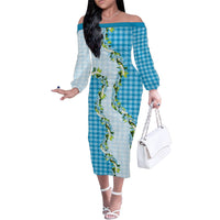 Blue Hawaii Palaka Family Matching Off The Shoulder Long Sleeve Dress and Hawaiian Shirt Maile Pikake Honohono Orchid Lei LT05 Mom's Dress Blue - Polynesian Pride