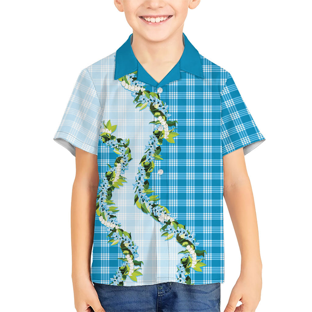 Blue Hawaii Palaka Family Matching Off The Shoulder Long Sleeve Dress and Hawaiian Shirt Maile Pikake Honohono Orchid Lei LT05 Son's Shirt Blue - Polynesian Pride