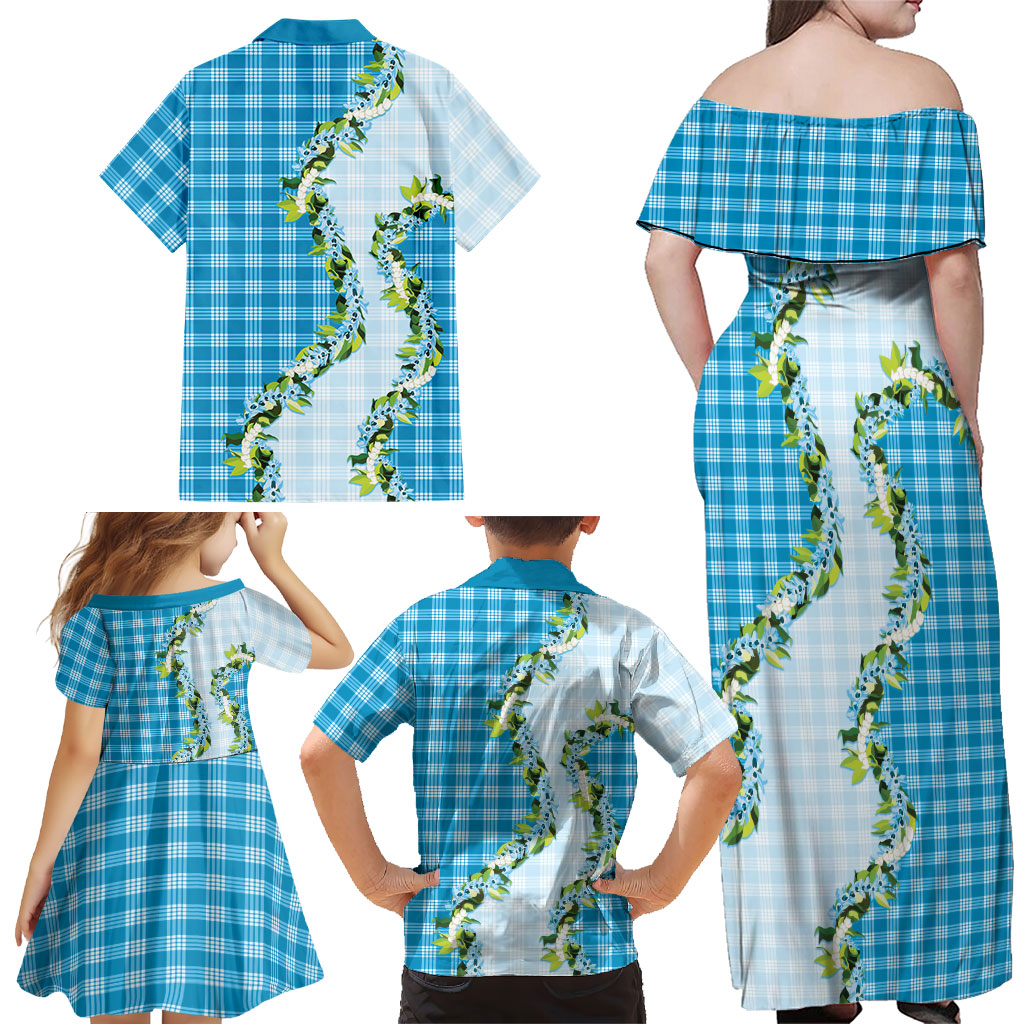 Blue Hawaii Palaka Family Matching Off Shoulder Maxi Dress and Hawaiian Shirt Maile Pikake Honohono Orchid Lei LT05 - Polynesian Pride