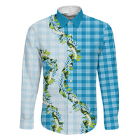 Blue Hawaii Palaka Family Matching Off Shoulder Maxi Dress and Hawaiian Shirt Maile Pikake Honohono Orchid Lei LT05 Dad's Shirt - Long Sleeve Blue - Polynesian Pride