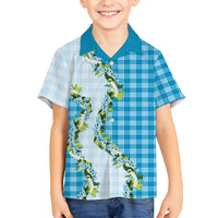 Blue Hawaii Palaka Family Matching Off Shoulder Maxi Dress and Hawaiian Shirt Maile Pikake Honohono Orchid Lei LT05 Son's Shirt Blue - Polynesian Pride