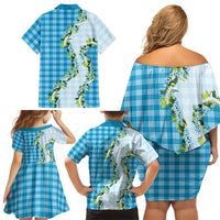 Blue Hawaii Palaka Family Matching Off Shoulder Short Dress and Hawaiian Shirt Maile Pikake Honohono Orchid Lei LT05 - Polynesian Pride