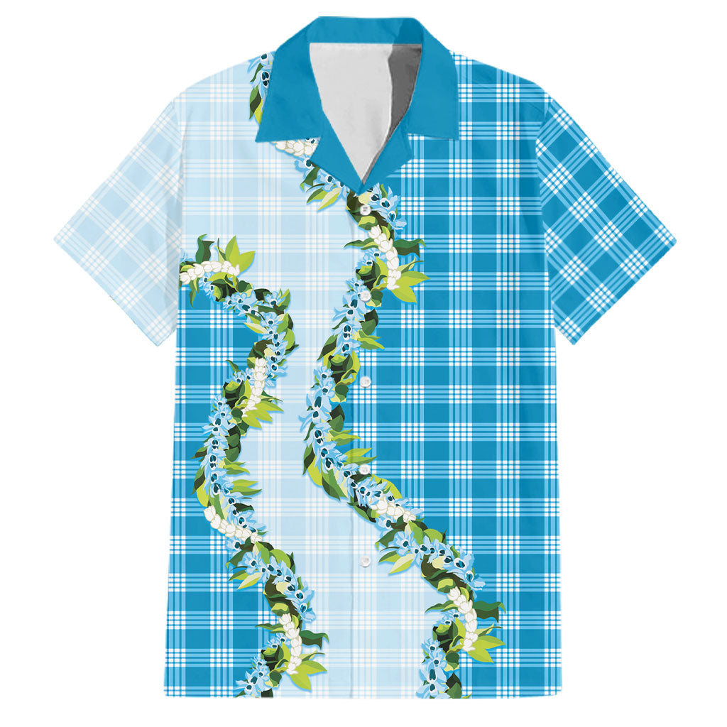 Blue Hawaii Palaka Family Matching Off Shoulder Short Dress and Hawaiian Shirt Maile Pikake Honohono Orchid Lei LT05 Dad's Shirt - Short Sleeve Blue - Polynesian Pride