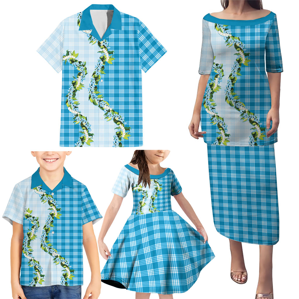 Blue Hawaii Palaka Family Matching Puletasi and Hawaiian Shirt Maile Pikake Honohono Orchid Lei LT05 - Polynesian Pride