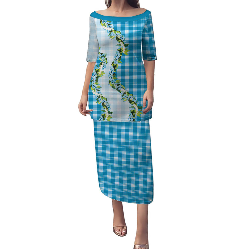 Blue Hawaii Palaka Family Matching Puletasi and Hawaiian Shirt Maile Pikake Honohono Orchid Lei LT05 Mom's Dress Blue - Polynesian Pride