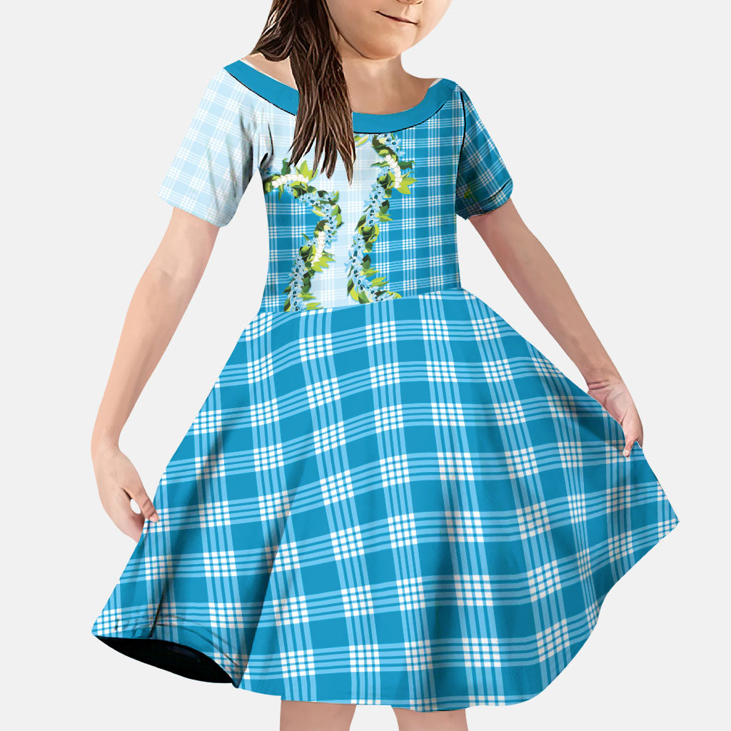 Blue Hawaii Palaka Family Matching Short Sleeve Bodycon Dress and Hawaiian Shirt Maile Pikake Honohono Orchid Lei LT05 Daughter's Dress Blue - Polynesian Pride