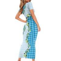 Blue Hawaii Palaka Family Matching Short Sleeve Bodycon Dress and Hawaiian Shirt Maile Pikake Honohono Orchid Lei LT05 - Polynesian Pride