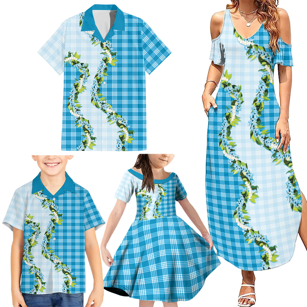 Blue Hawaii Palaka Family Matching Summer Maxi Dress and Hawaiian Shirt Maile Pikake Honohono Orchid Lei LT05 - Polynesian Pride