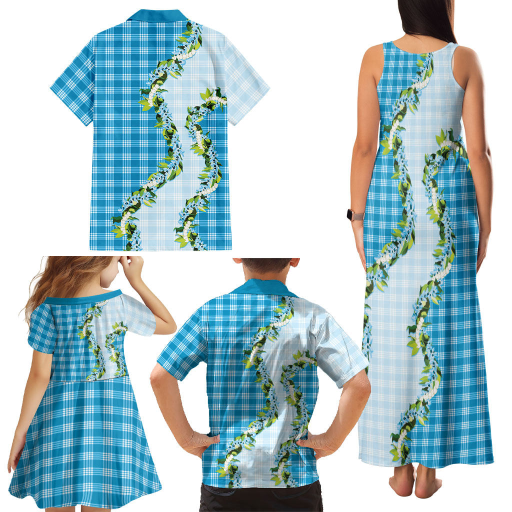 Blue Hawaii Palaka Family Matching Tank Maxi Dress and Hawaiian Shirt Maile Pikake Honohono Orchid Lei LT05 - Polynesian Pride