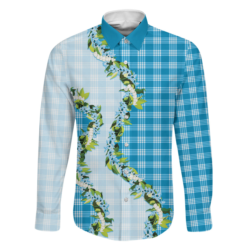 Blue Hawaii Palaka Family Matching Tank Maxi Dress and Hawaiian Shirt Maile Pikake Honohono Orchid Lei LT05 Dad's Shirt - Long Sleeve Blue - Polynesian Pride