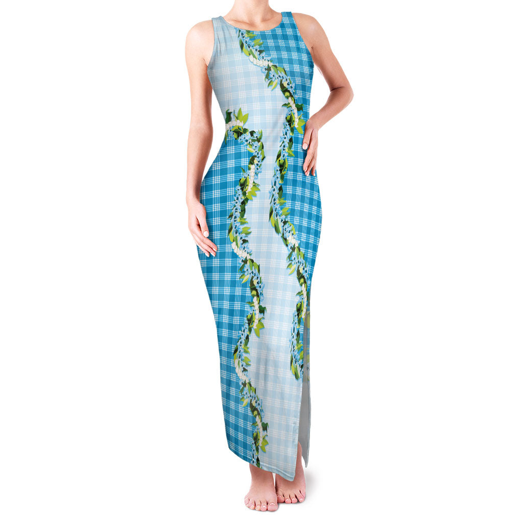 Blue Hawaii Palaka Family Matching Tank Maxi Dress and Hawaiian Shirt Maile Pikake Honohono Orchid Lei LT05 Mom's Dress Blue - Polynesian Pride