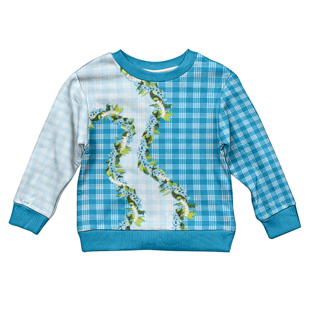 Blue Hawaii Palaka Kid Ugly Christmas Sweater Maile Pikake Honohono Orchid Lei