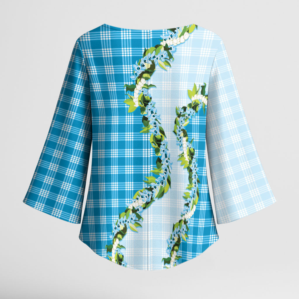Blue Hawaii Palaka Kimono Sleeve Blouse Maile Pikake Honohono Orchid Lei