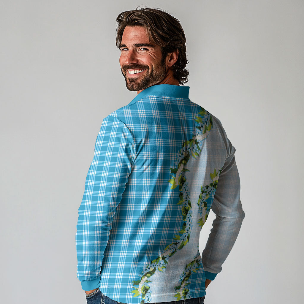 Blue Hawaii Palaka Long Sleeve Polo Shirt Maile Pikake Honohono Orchid Lei