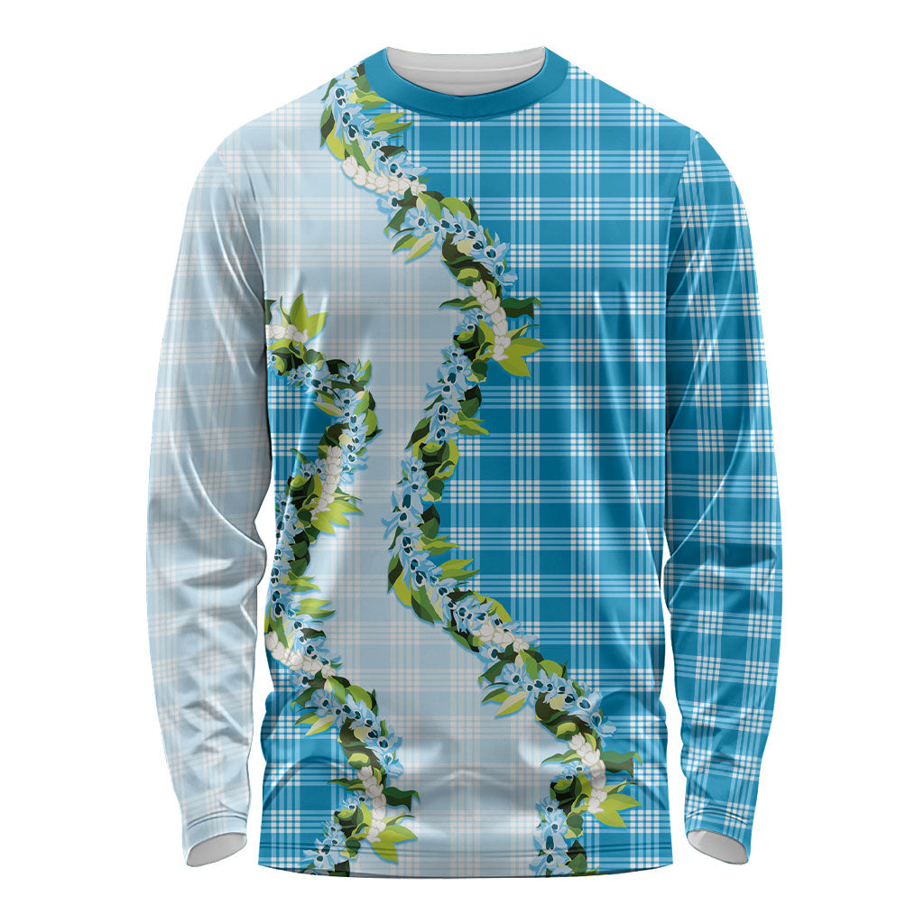 Blue Hawaii Palaka Long Sleeve Shirt Maile Pikake Honohono Orchid Lei
