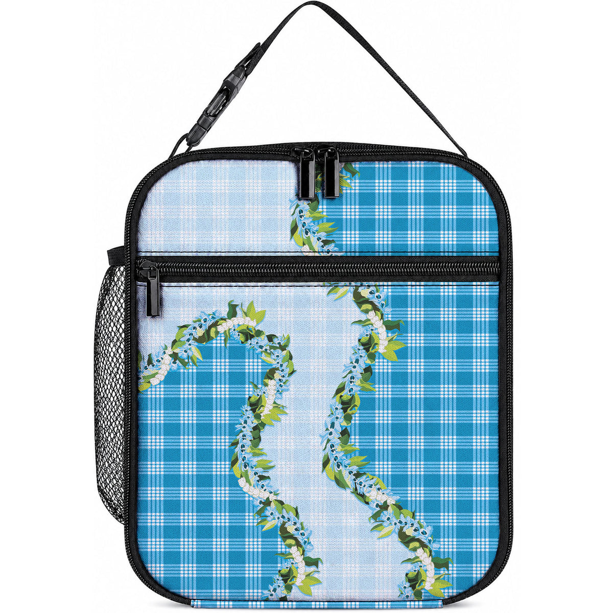 Blue Hawaii Palaka Lunch Bag Maile Pikake Honohono Orchid Lei LT05 10.2 × 8.3 × 4.3 inch Blue - Polynesian Pride
