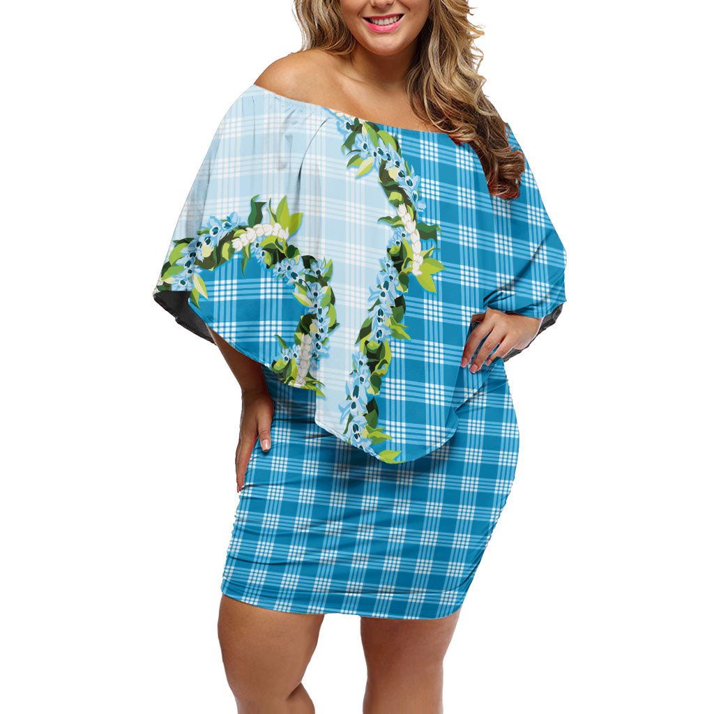 Blue Hawaii Palaka Off Shoulder Short Dress Maile Pikake Honohono Orchid Lei