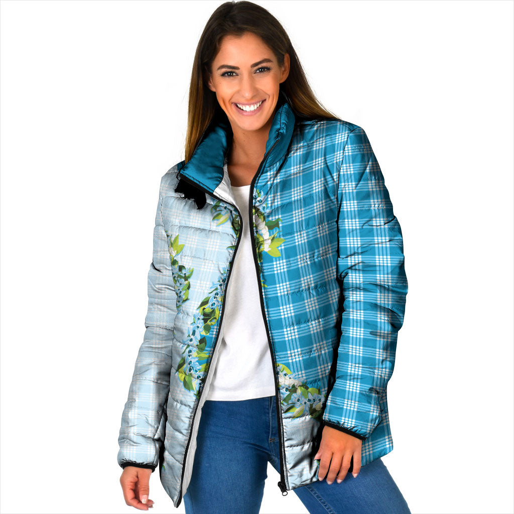 Blue Hawaii Palaka Padded Jacket Maile Pikake Honohono Orchid Lei