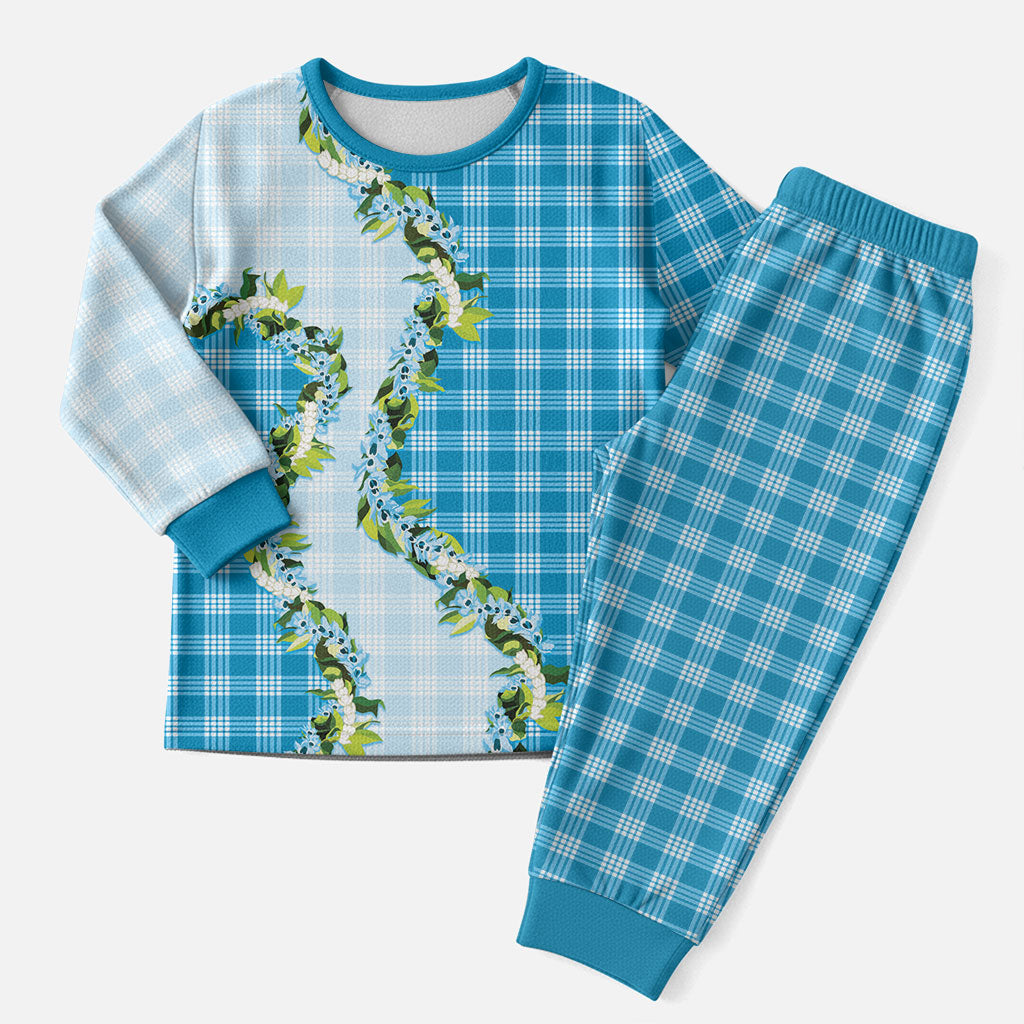 Blue Hawaii Palaka Christmas Pajama Set Maile Pikake Honohono Orchid Lei