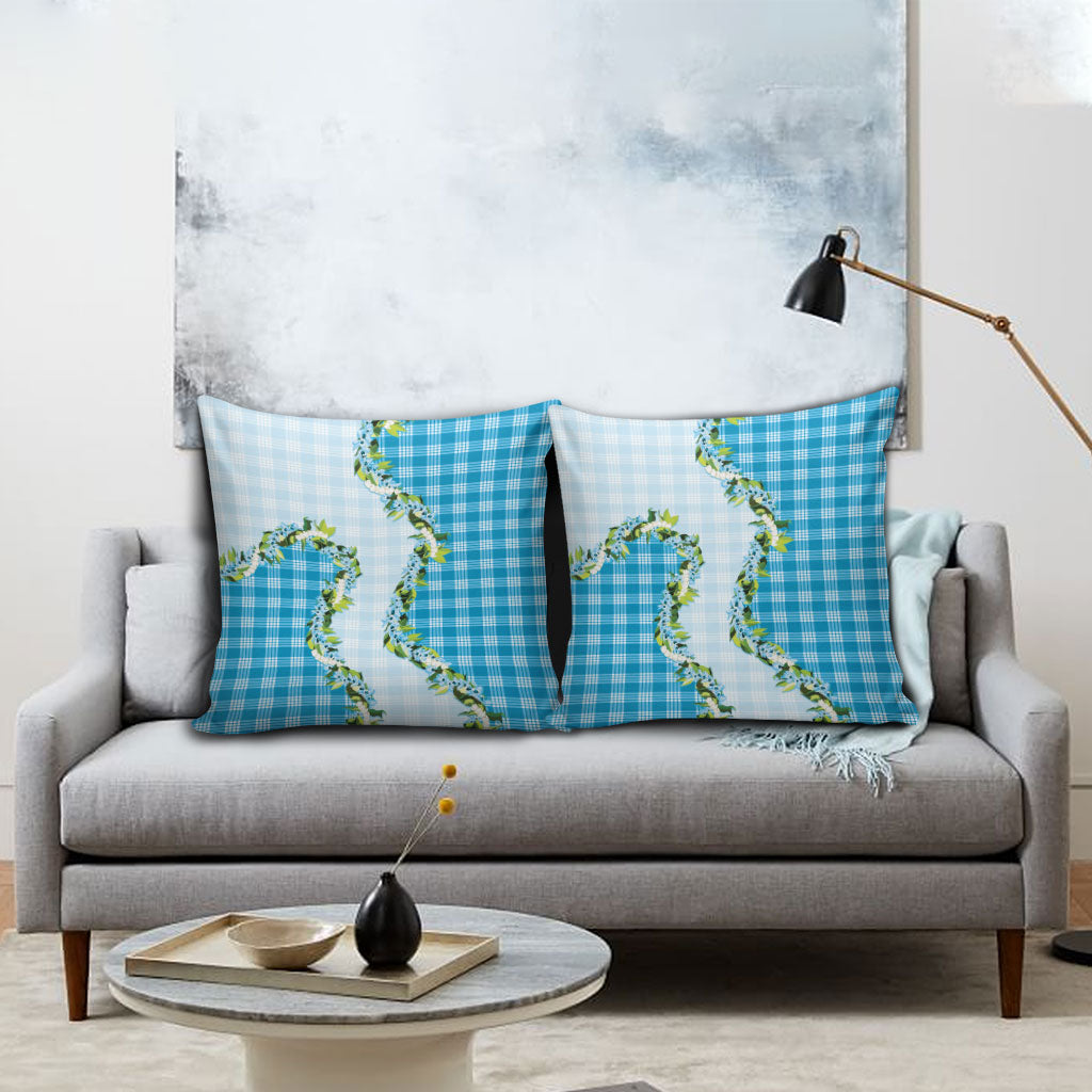 Blue Hawaii Palaka Pillow Cover Maile Pikake Honohono Orchid Lei