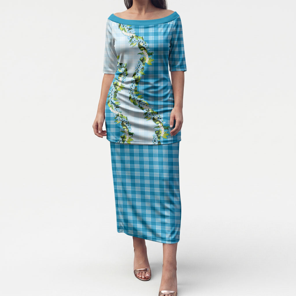 Blue Hawaii Palaka Puletasi Maile Pikake Honohono Orchid Lei LT05 Long Dress Blue - Polynesian Pride