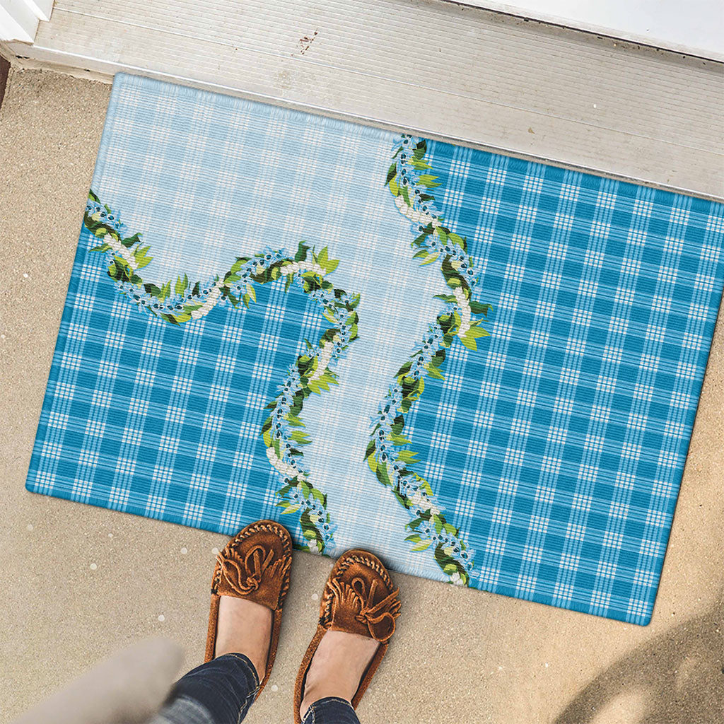 Blue Hawaii Palaka Rubber Doormat Maile Pikake Honohono Orchid Lei