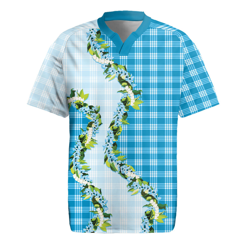 Blue Hawaii Palaka Rugby Jersey Maile Pikake Honohono Orchid Lei