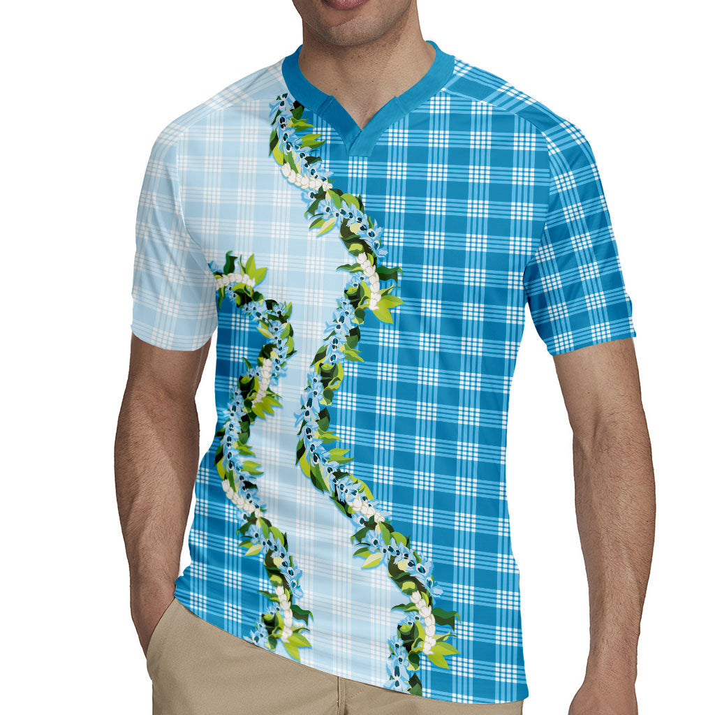 Blue Hawaii Palaka Rugby Jersey Maile Pikake Honohono Orchid Lei