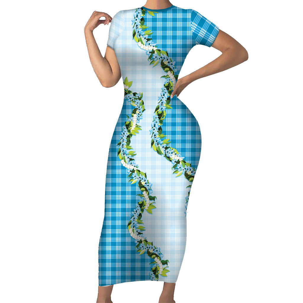 Blue Hawaii Palaka Short Sleeve Bodycon Dress Maile Pikake Honohono Orchid Lei