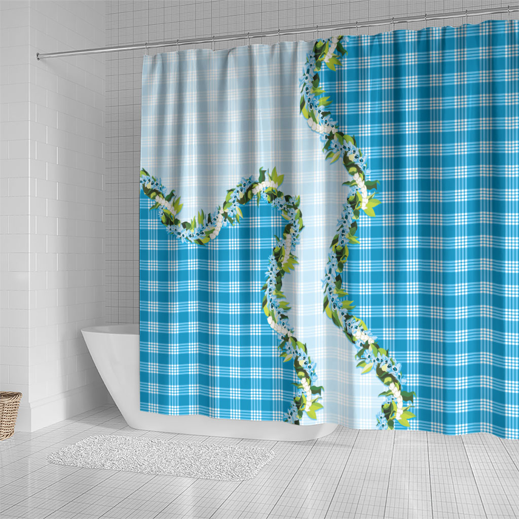 Blue Hawaii Palaka Shower Curtain Maile Pikake Honohono Orchid Lei