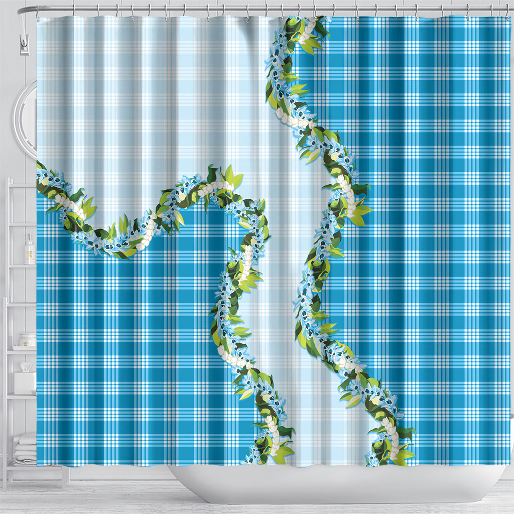 Blue Hawaii Palaka Shower Curtain Maile Pikake Honohono Orchid Lei